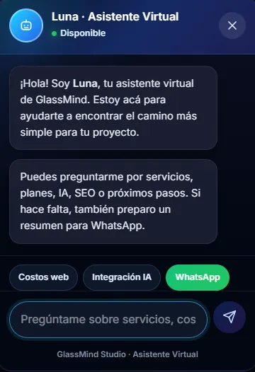 Preview del asistente virtual Luna integrado en una página web