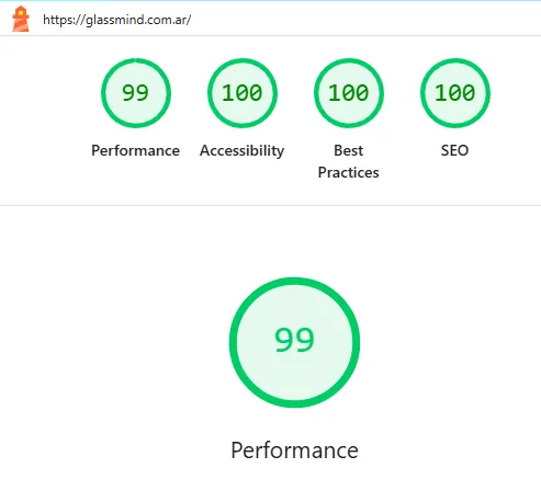 Auditoría Lighthouse de glassmind.com.ar con métricas altas de Performance, Accessibility, Best Practices y SEO